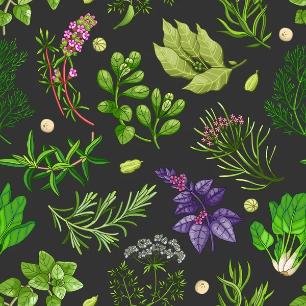 Vector green pattern with herbs on dark — Stock Vector