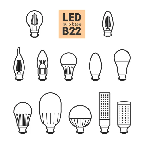 LED ljus B22 lökar vektor konturen Ikonuppsättning — Stock vektor