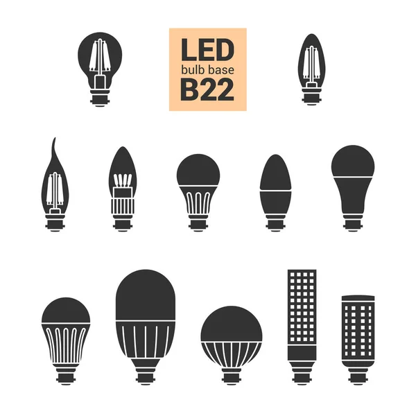 LED ljus B22 lökar vektor silhuett Ikonuppsättning — Stock vektor