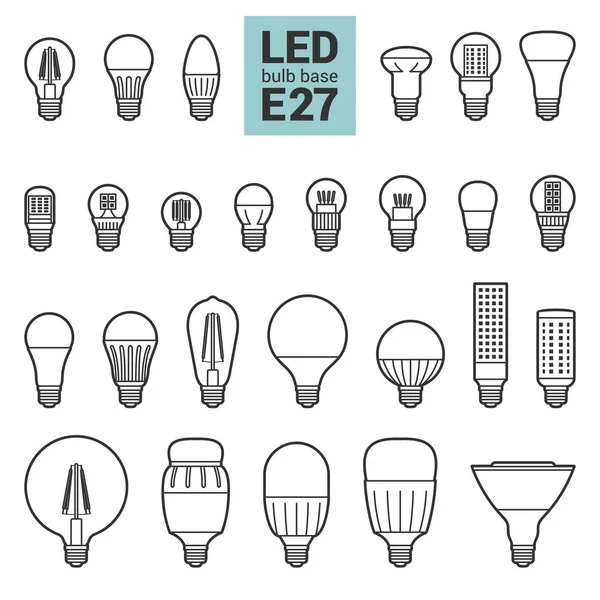 LED ışık E27 ampuller vektör anahat Icon set