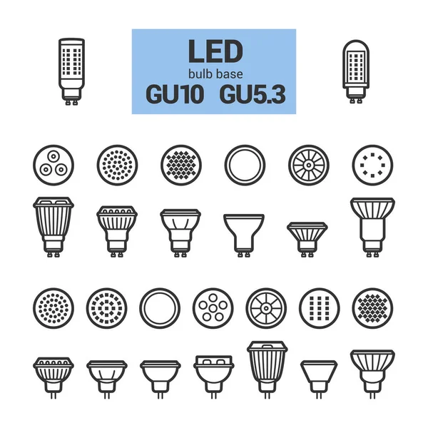 LED ljus Gu10 lampor vektor konturen Ikonuppsättning — Stock vektor