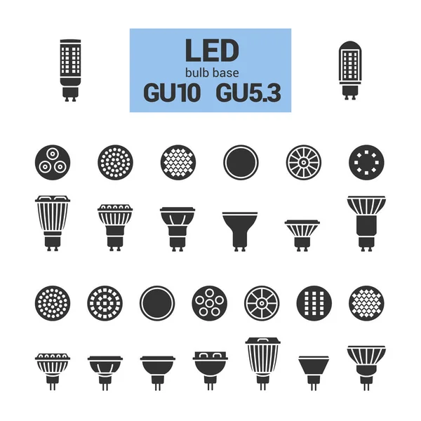 LED ljus Gu10 lampor vektor silhuett Ikonuppsättning — Stock vektor