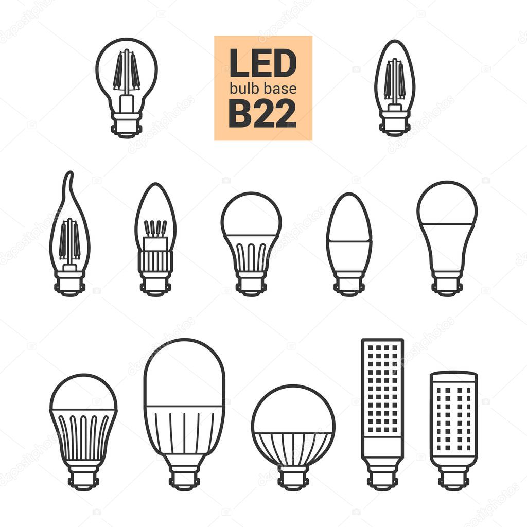 LED light B22 bulbs vector outline icon set