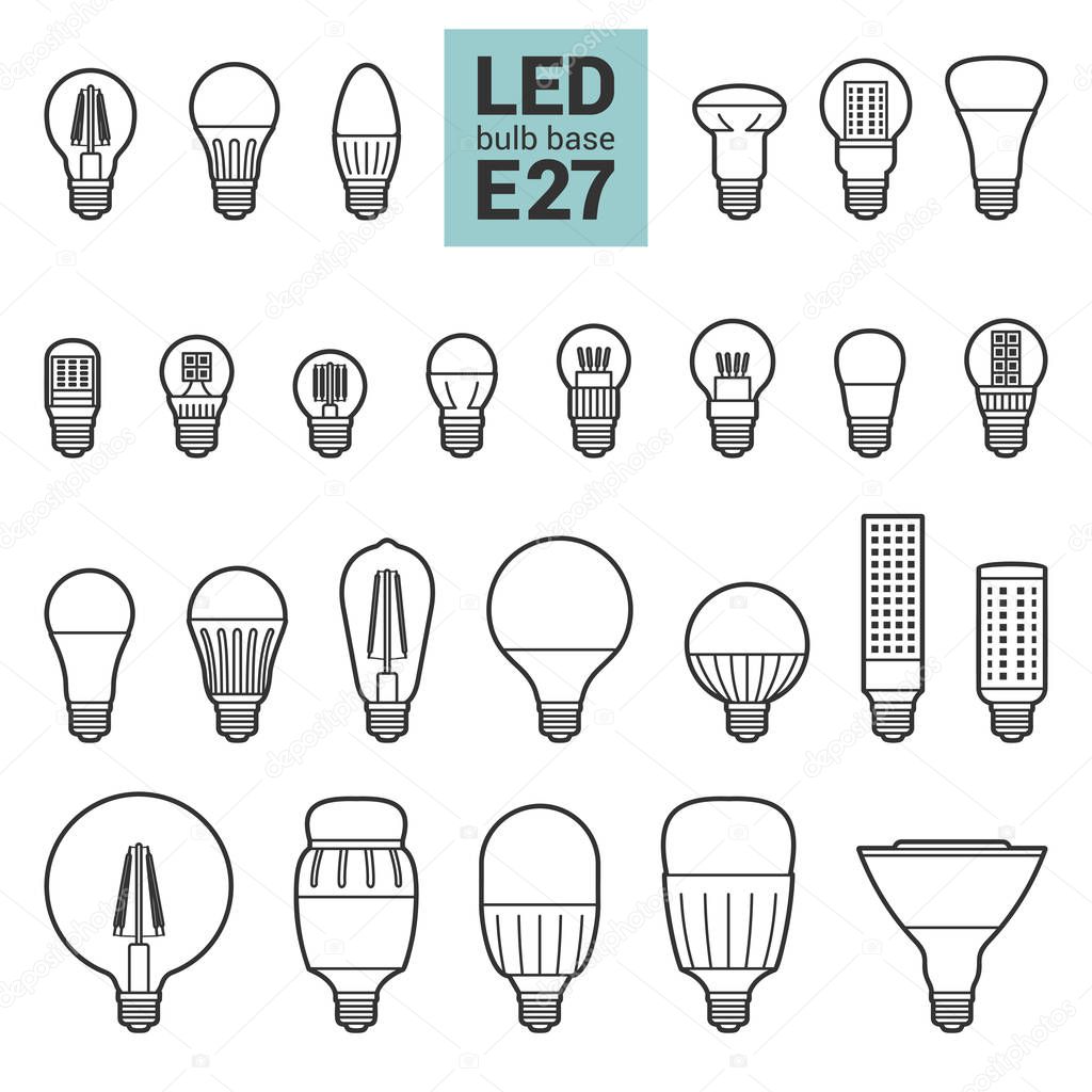 LED light E27 bulbs vector outline icon set