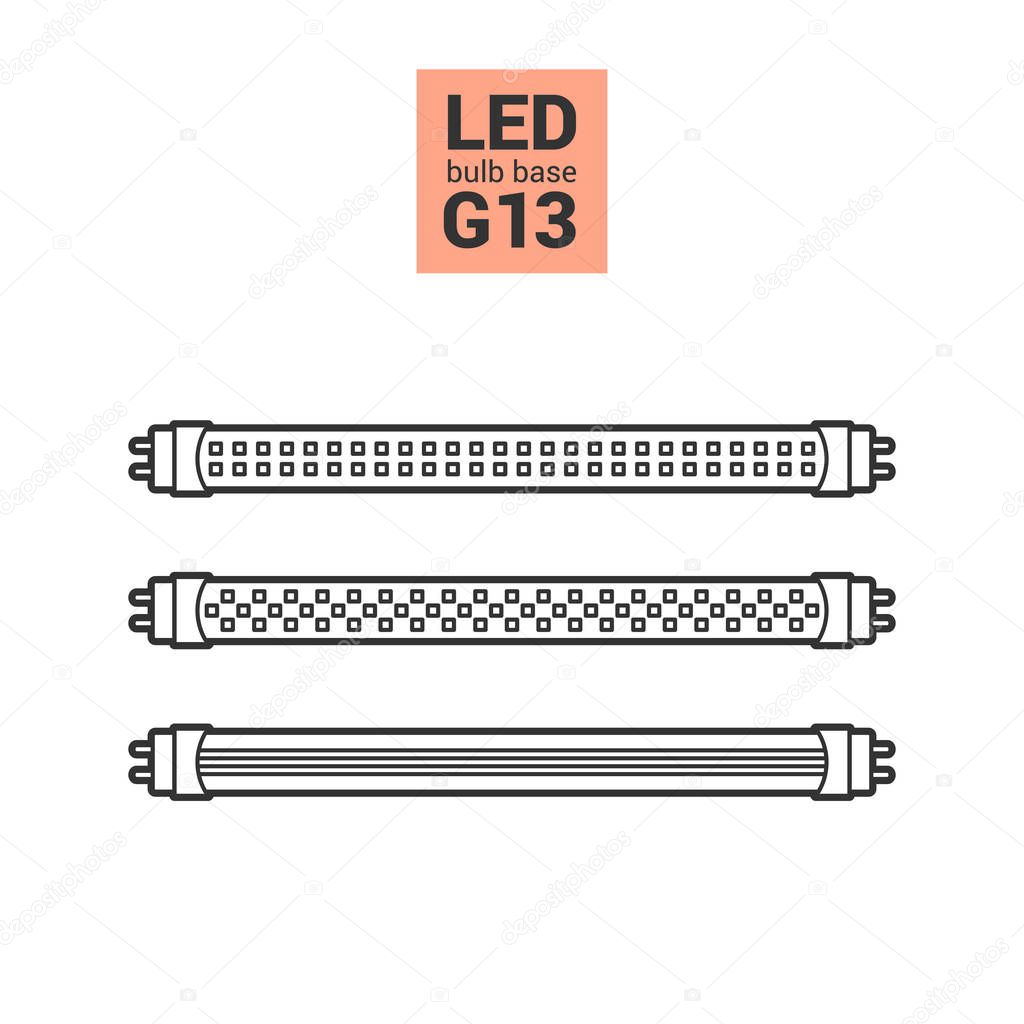 LED light G13 bulbs vector outline icon set
