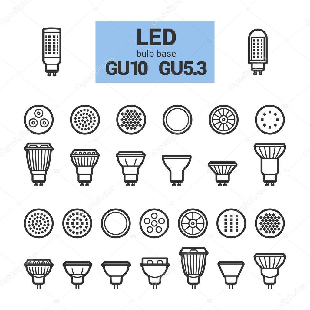 LED light GU10 bulbs vector outline icon set