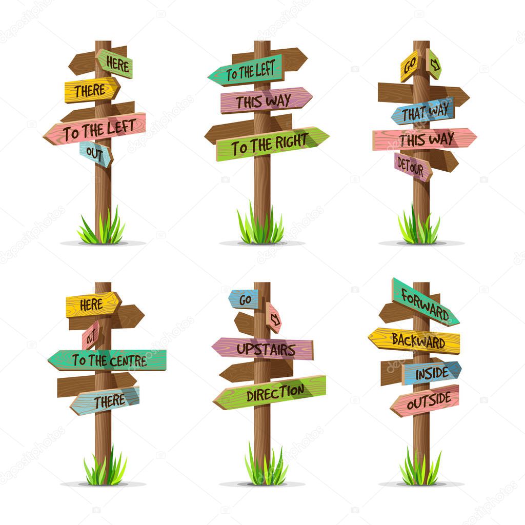 Colored wooden arrow signboards direct vector set