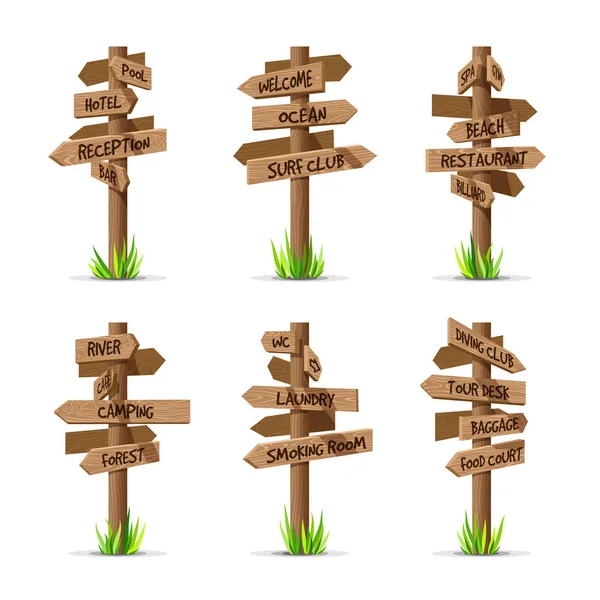 Wooden arrow signboards resort vector set — Stock Vector