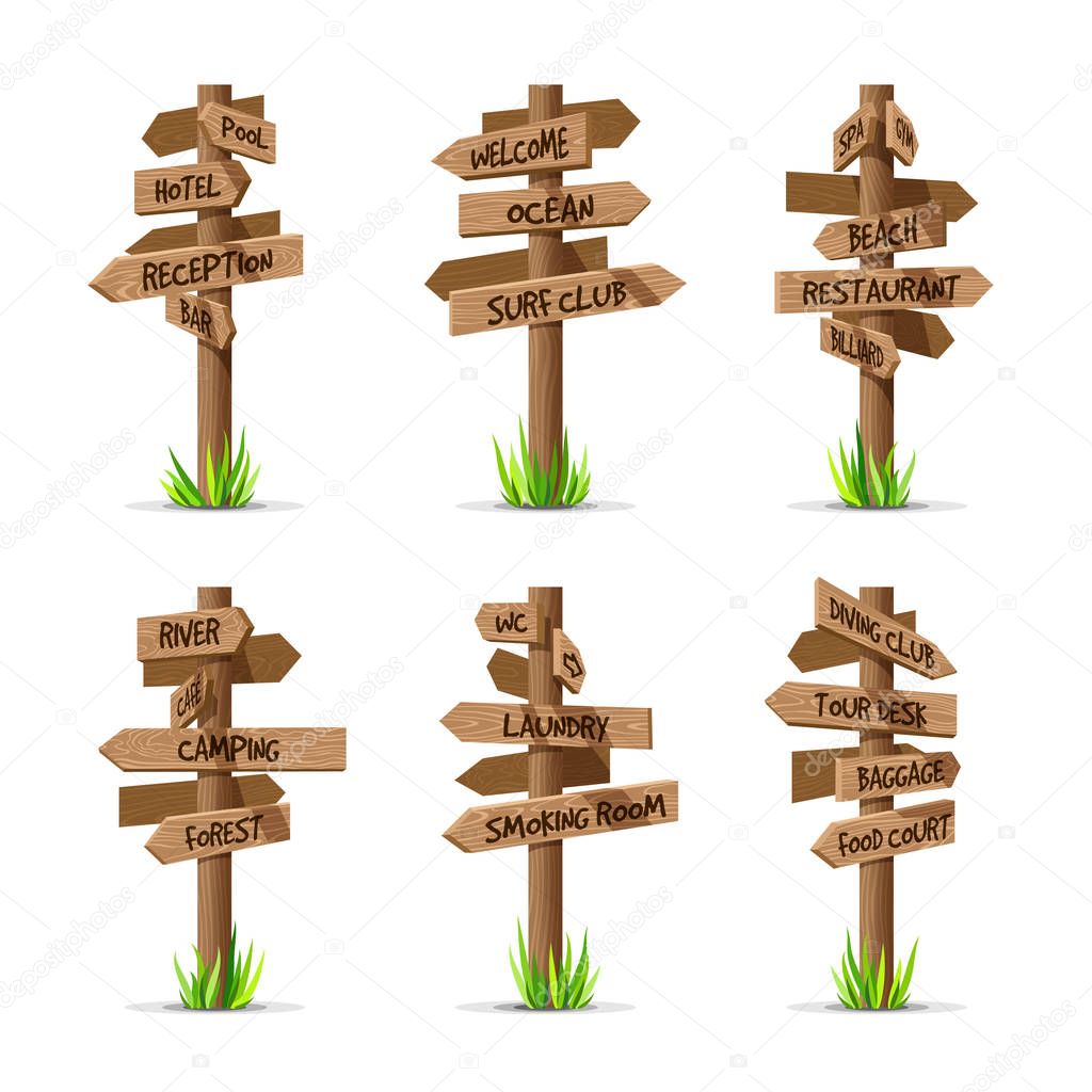 Wooden arrow signboards resort vector set