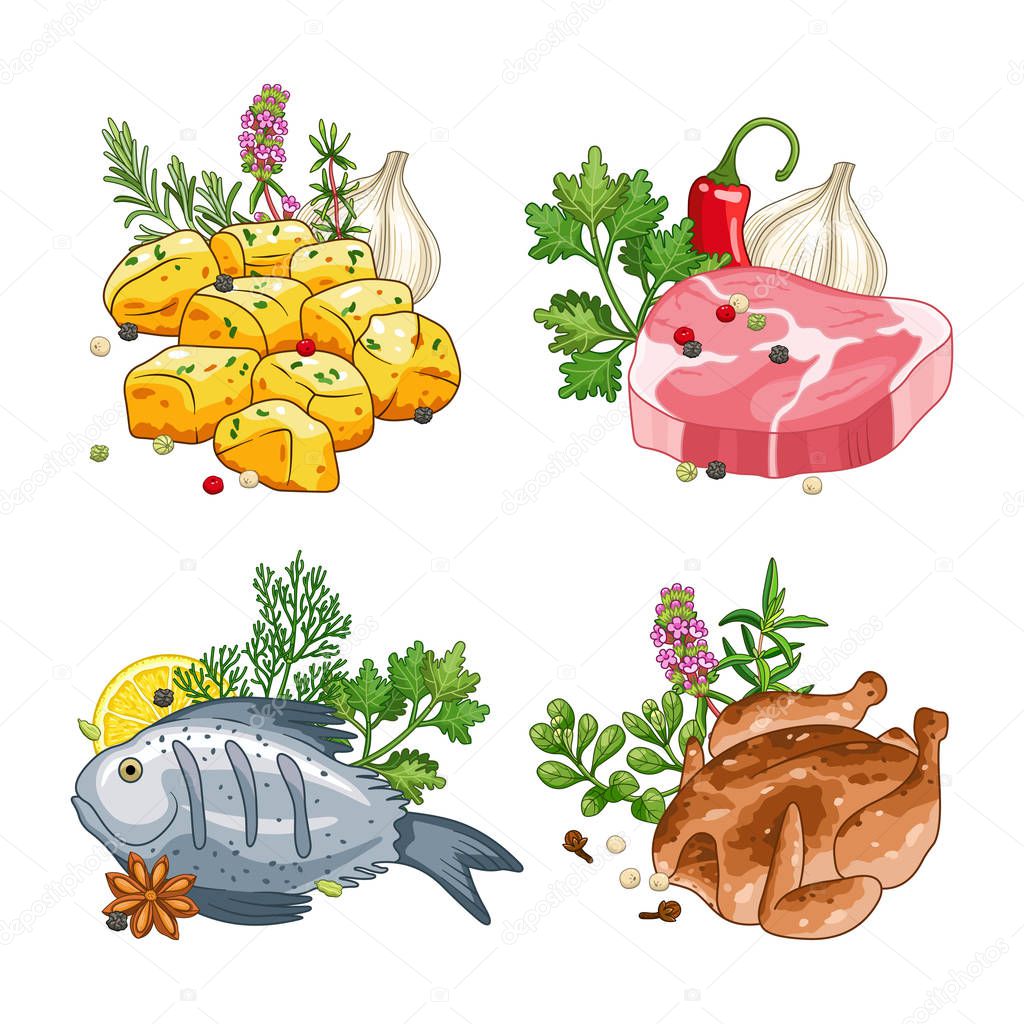 Food and meal vector set with spices