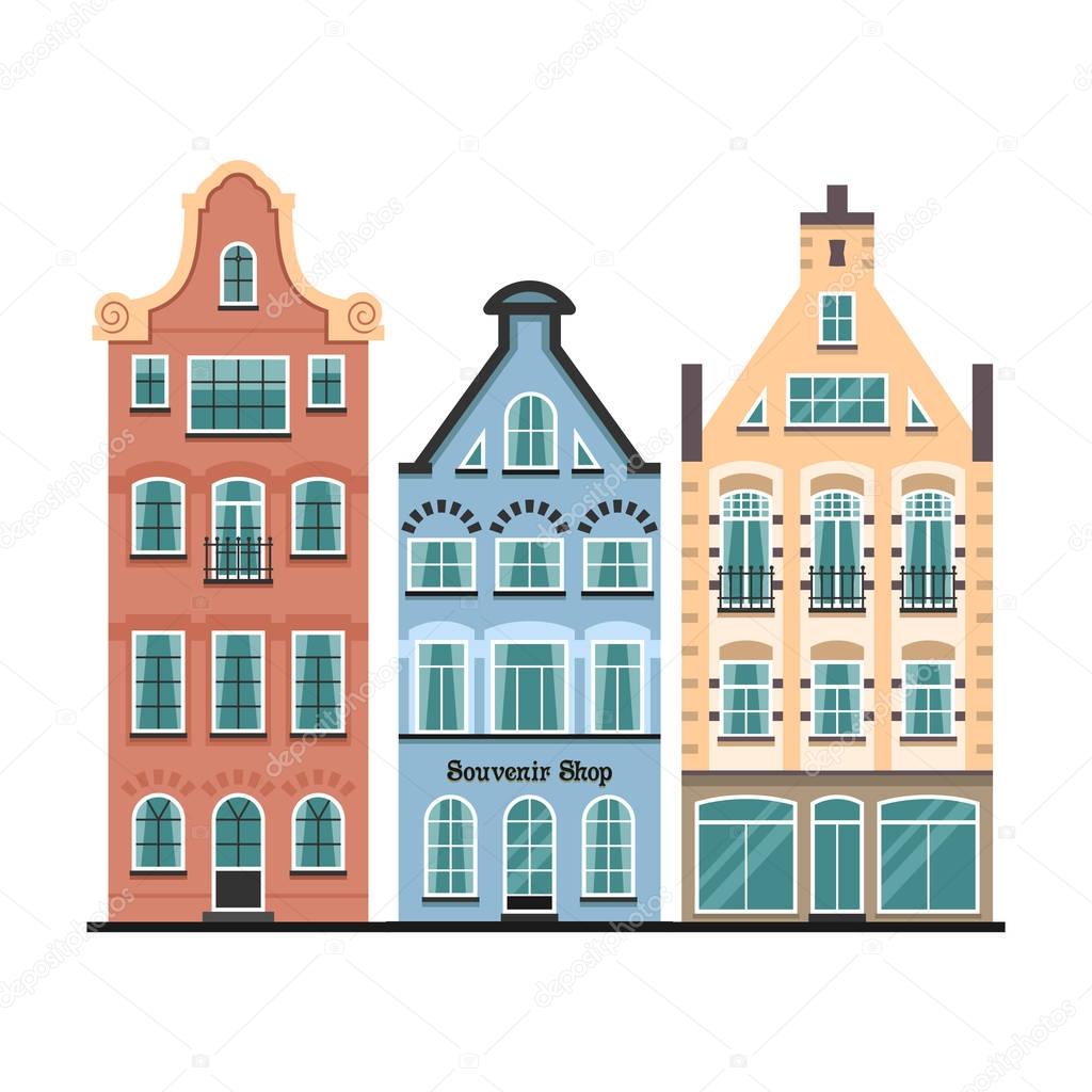 Set of 3 Amsterdam old houses cartoon facades