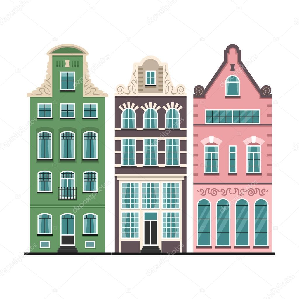 Set of 3 Amsterdam old houses cartoon facades