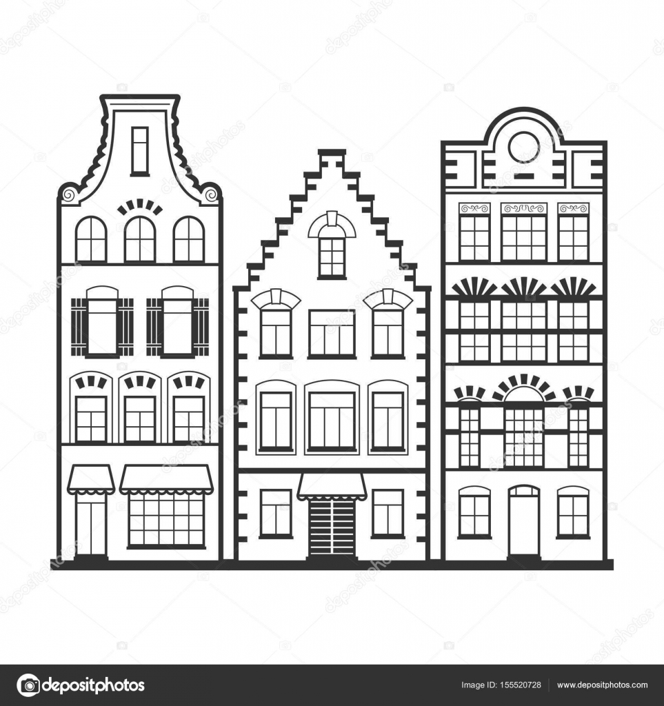 Architettura tradizionale dei Paesi Bassi Linea stile bianco e nero piatto isolato vettoriali in stile olandese Per colorare disegno sfondo — Vettoriali