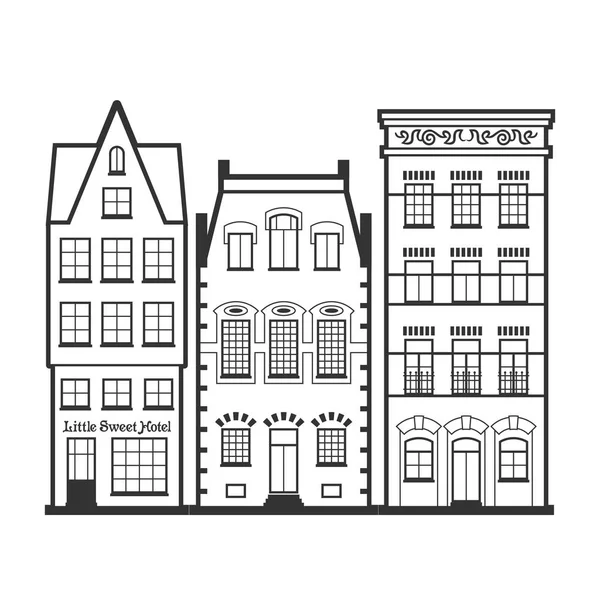 Uppsättning av 3 linjeformat Amsterdam gamla hus fasader — Stock vektor