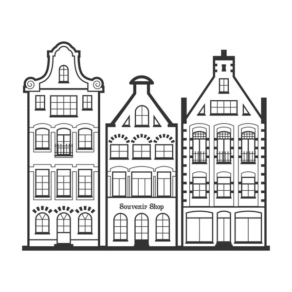 Комплект фасадов старинных домов в стиле 3-х линий — стоковый вектор