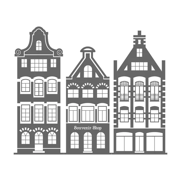 Комплект из 3-х фасадов старых домов Голландии — стоковый вектор