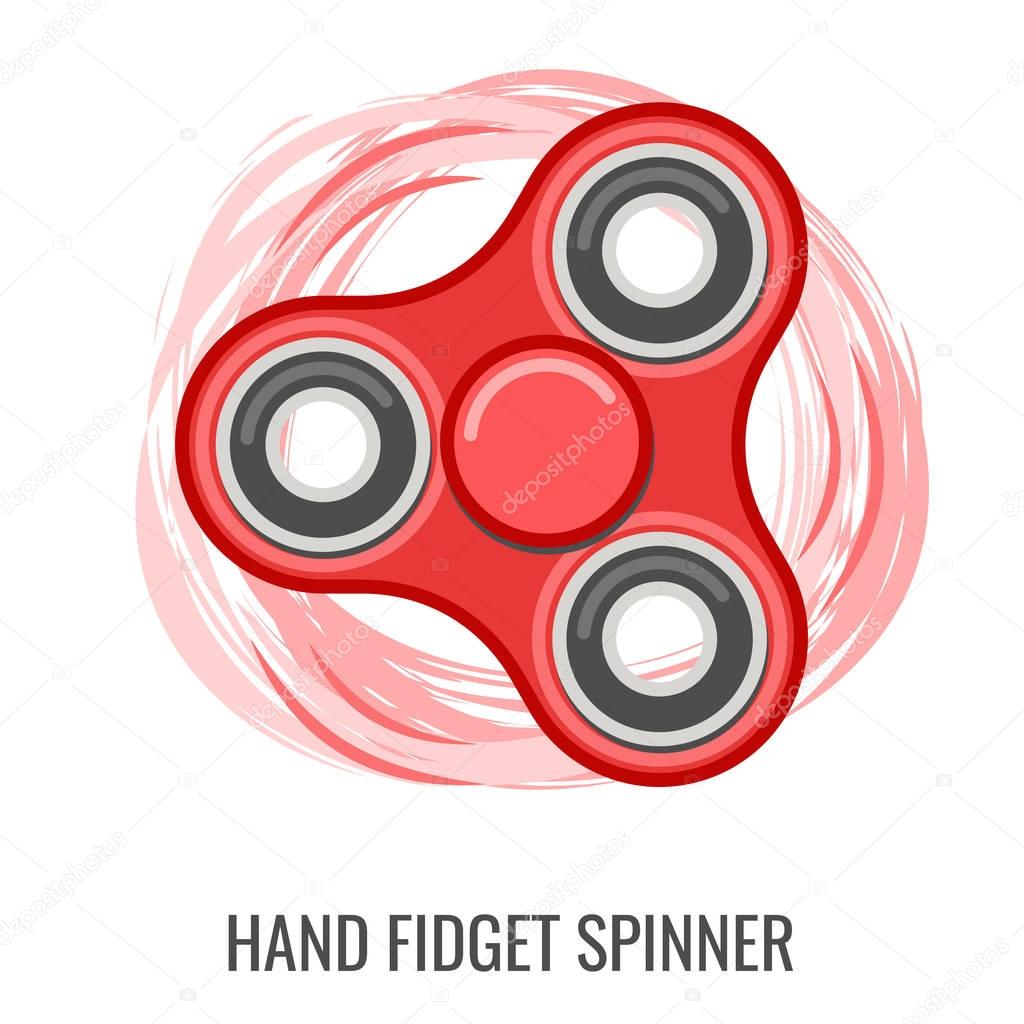 Moving hand fidget spinner color red vector toy. Stress and anxiety relief. Colorful illustrations, logo design