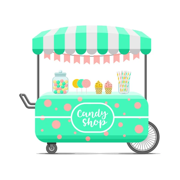 Candy shop pouliční jídlo vozík. Barevné vektorový obrázek — Stockový vektor