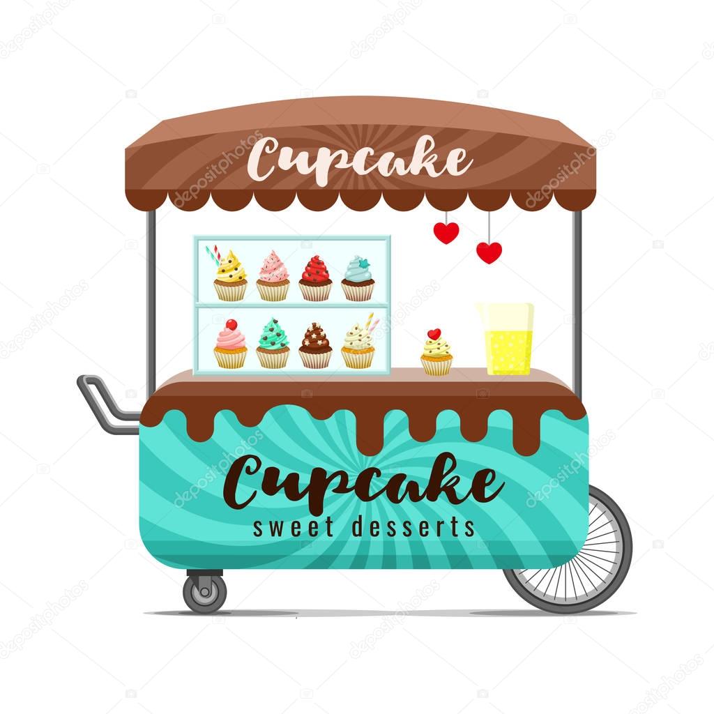 Cupcake street food cart. Colorful vector image