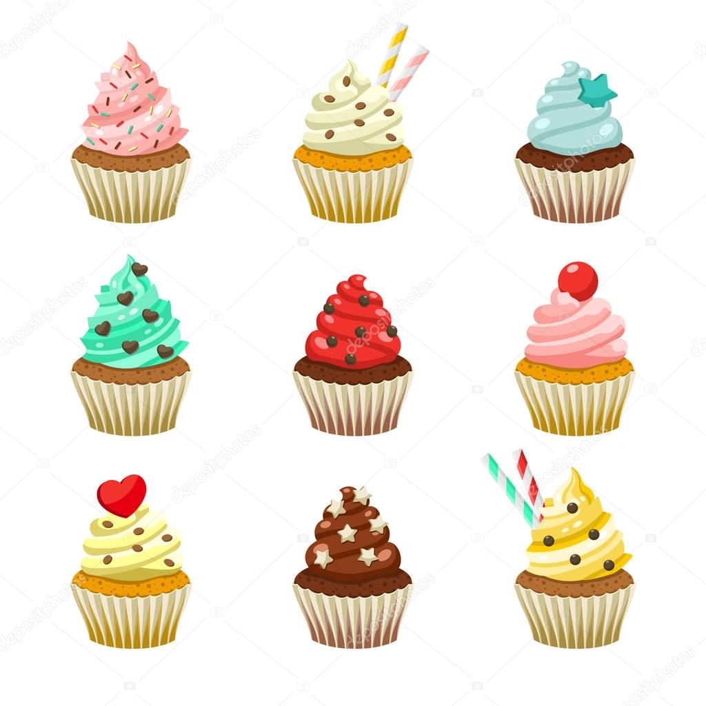 Vector icon set of yummy colored cupcakes