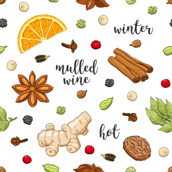 Motif vectoriel sans couture sur blanc avec vin chaud — Image vectorielle