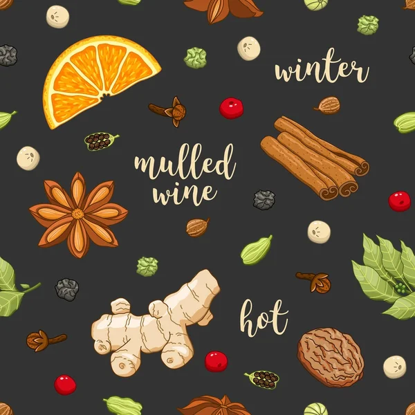 Vector seamless pattern on dark with mulled wine — Stock Vector