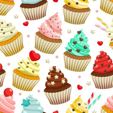 Seamless pattern of yummy colored cupcakes