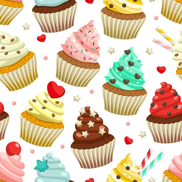 Modello senza soluzione di continuità di deliziosi cupcake colorati — Vettoriale Stock