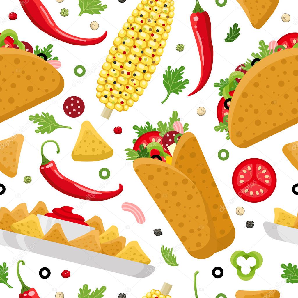 Mexican food color vector seamless pattern