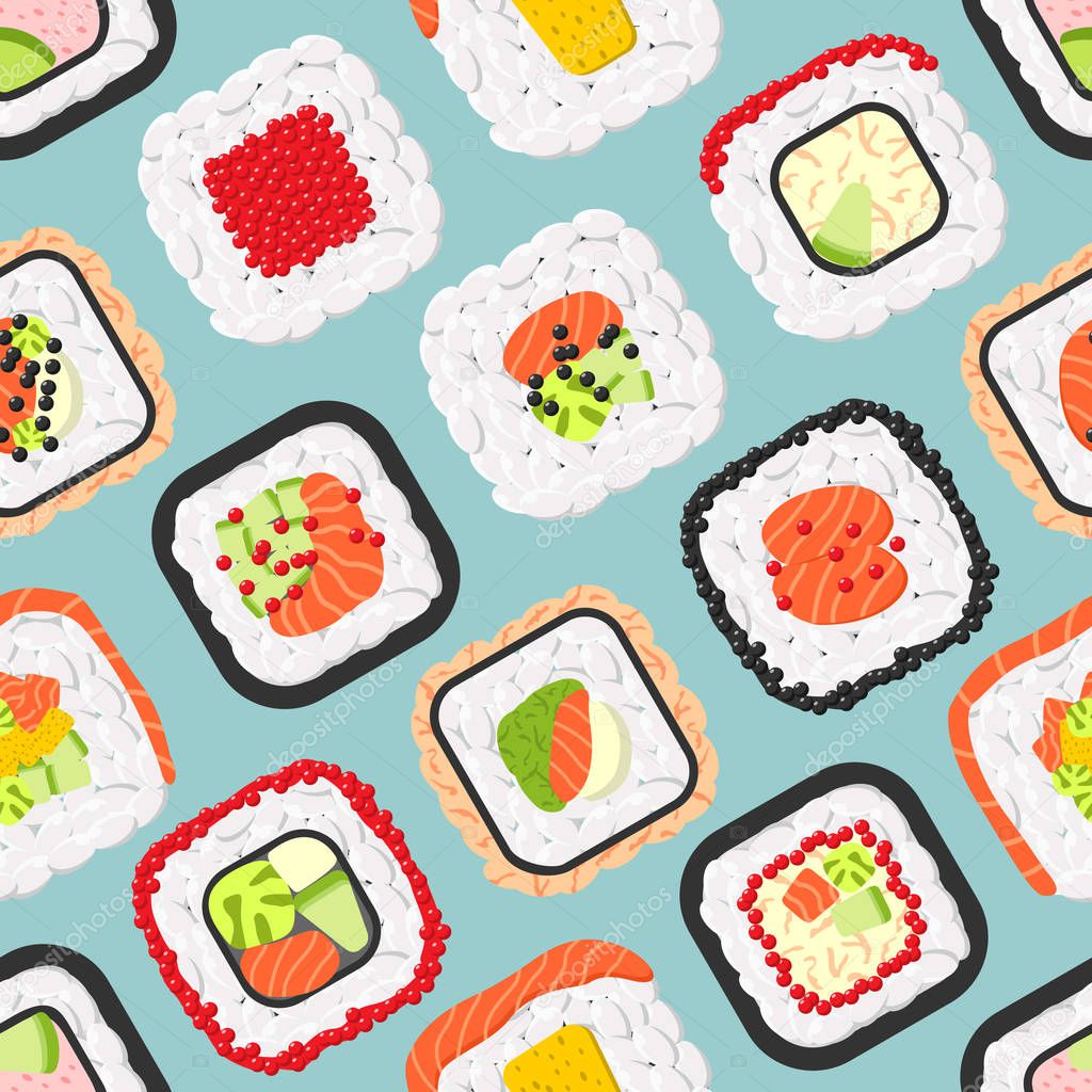 Seamless pattern of cute colored sushi rolls