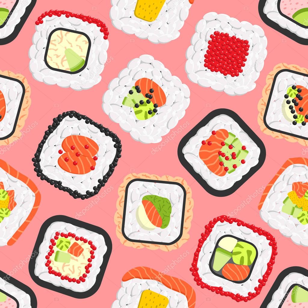 Seamless pattern of cute colored sushi rolls