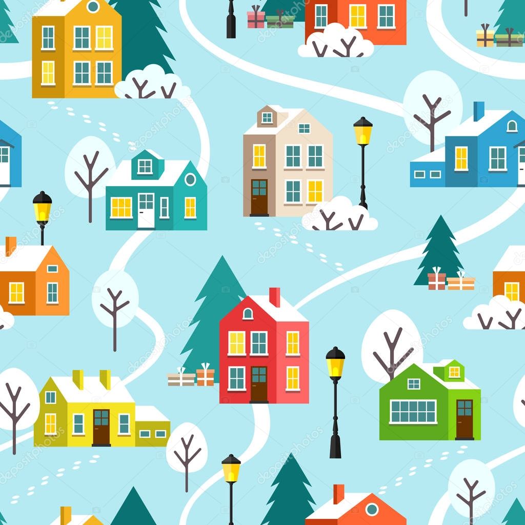 Winter town or village vector seamless pattern