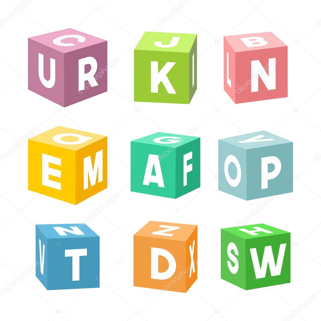 Set of colorful toy bricks with letters, vector