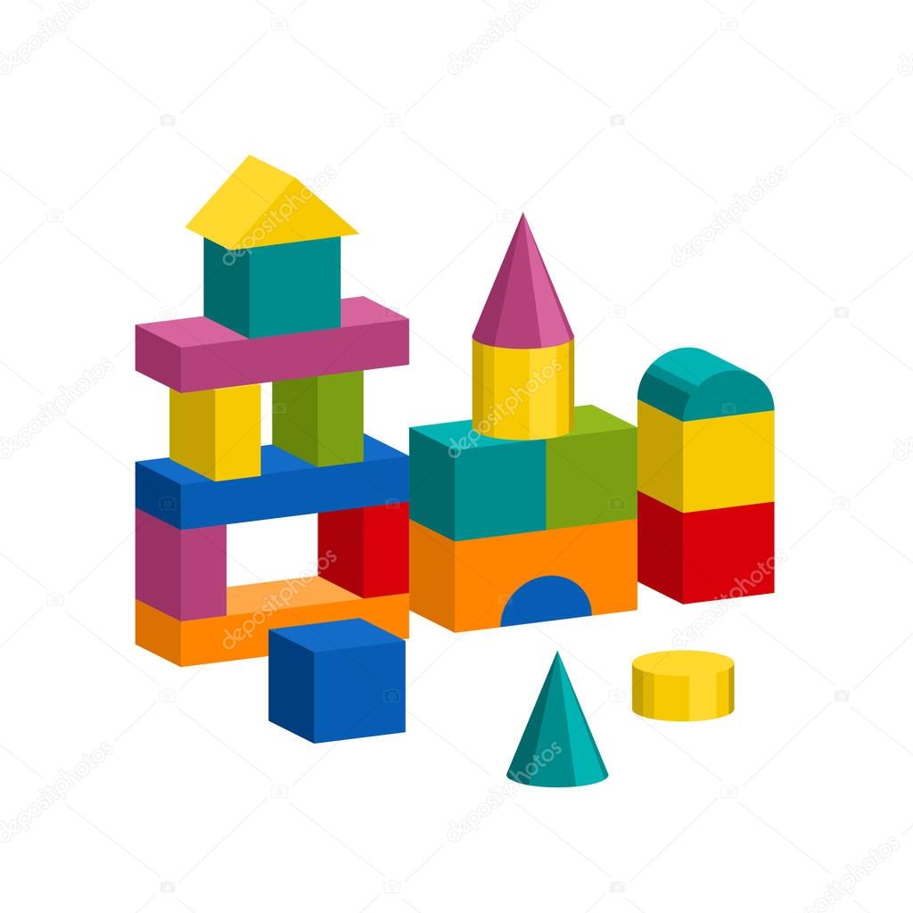 Colorful blocks toy building tower, castle, house