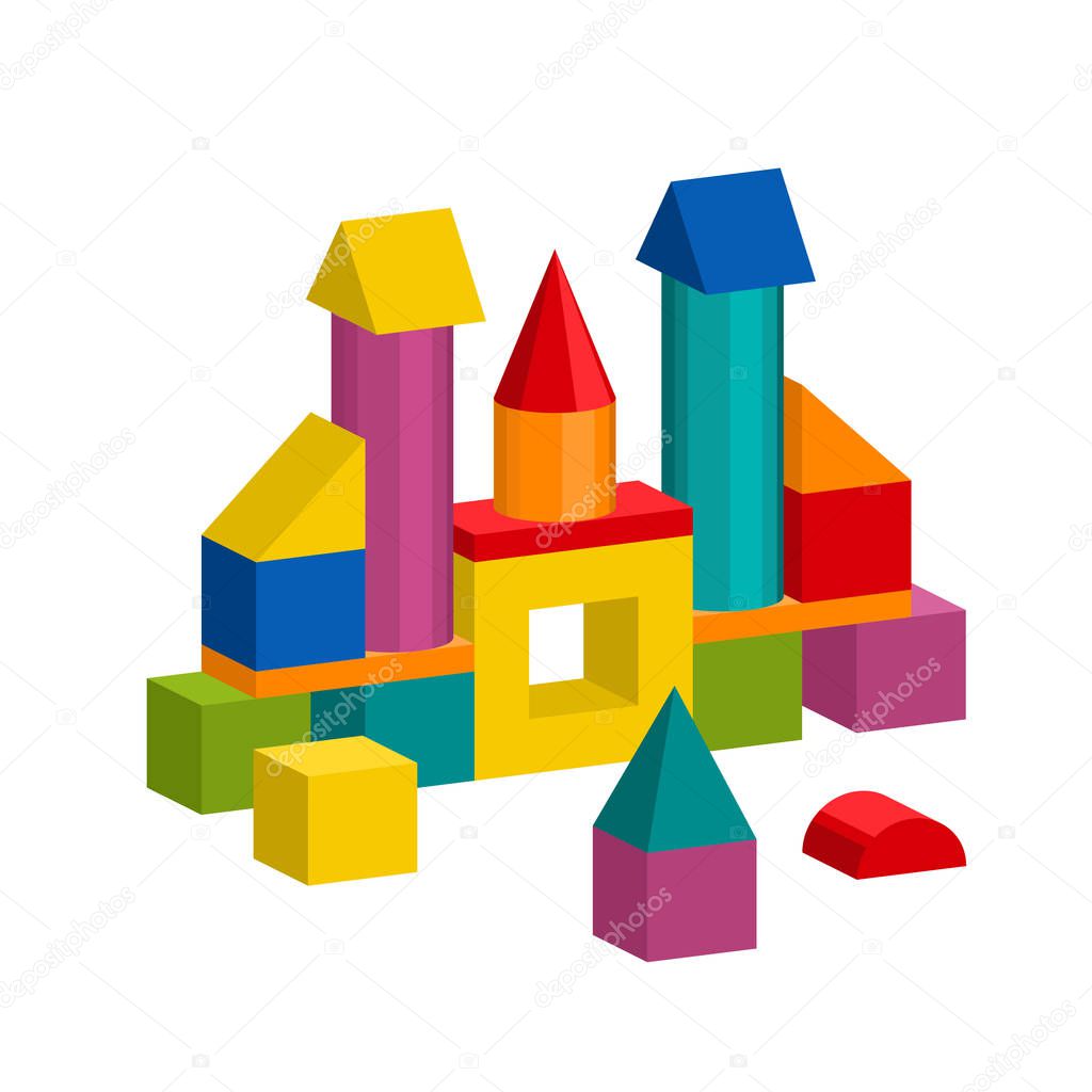 Colorful blocks toy building tower, castle, house