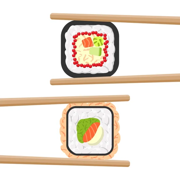 Ensemble de délicieux rouleaux de sushi colorés avec baguettes — Image vectorielle