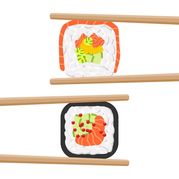 Conjunto de deliciosos rolos de sushi coloridos com pauzinhos —  Vetores de Stock