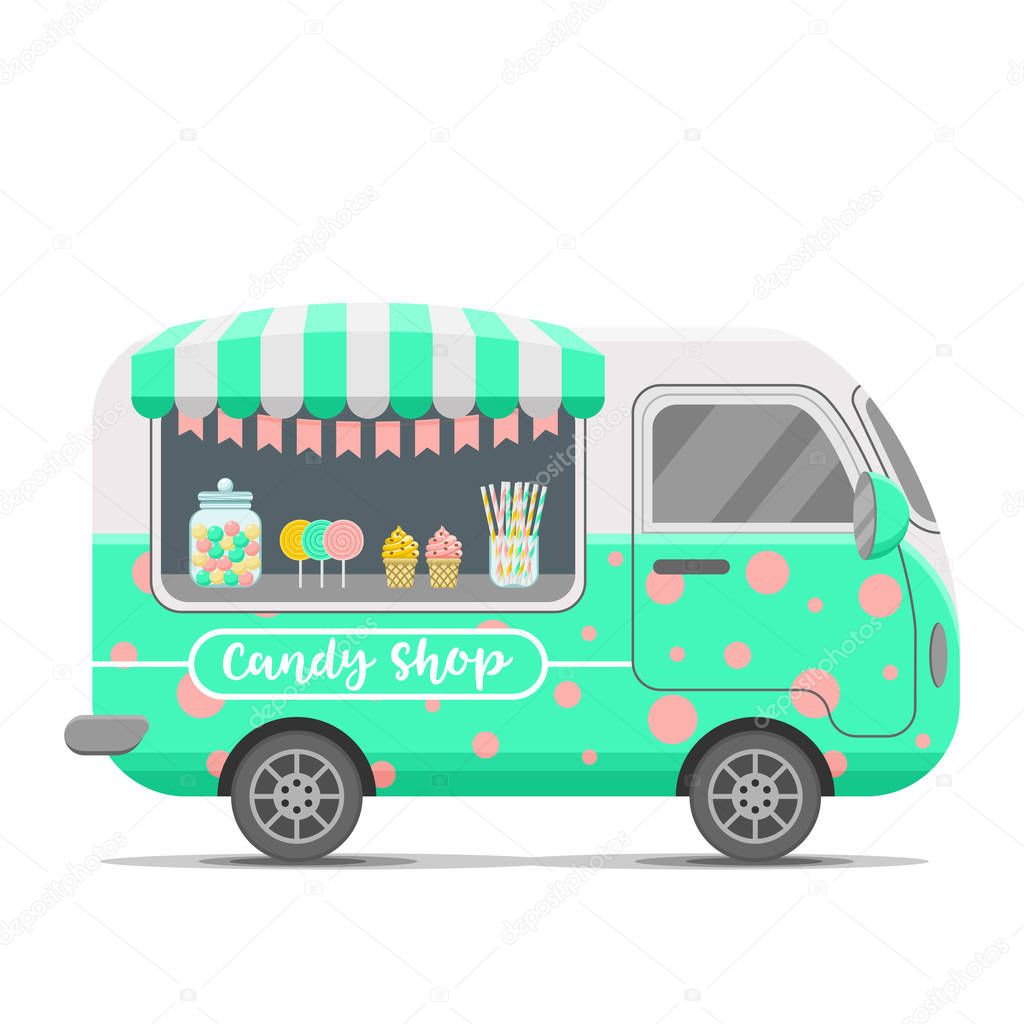 Candy shop street food vector caravan trailer