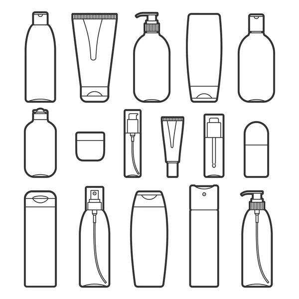 Conjunto de vectores cosméticos botellas línea de iconos de estilo — Archivo Imágenes Vectoriales