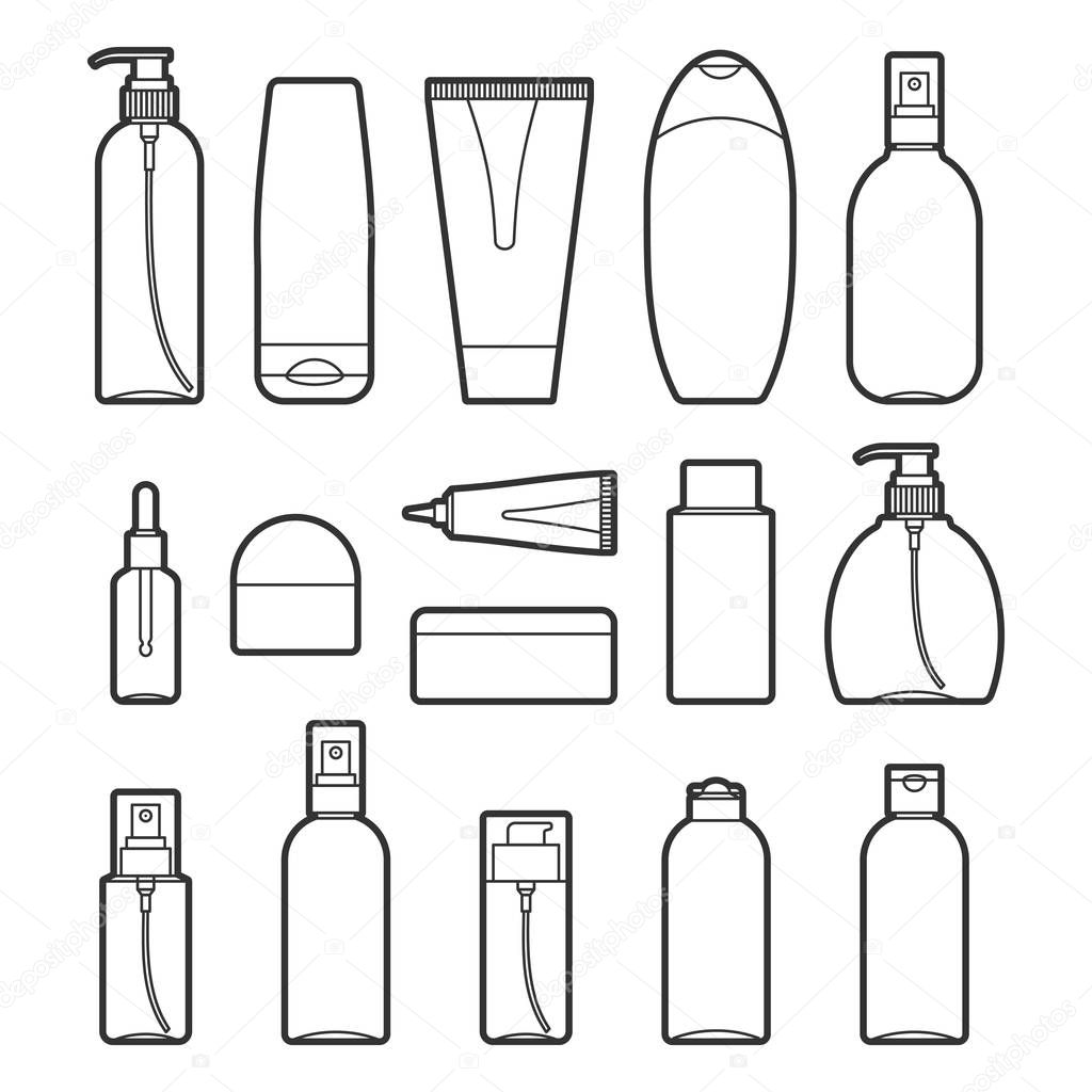 Set of vector cosmetic bottles line style icons