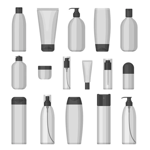 Conjunto de garrafas de cosméticos vetoriais, design plano — Vetor de Stock