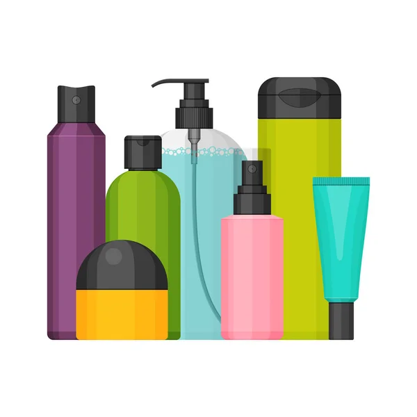 Conjunto de garrafas cosméticas vetoriais coloridas, design plano —  Vetores de Stock