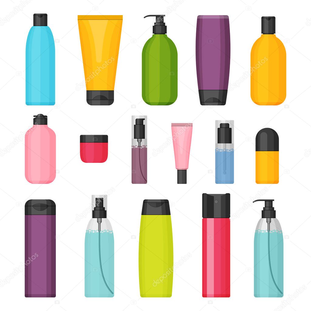 Set of vector flat colorful cosmetic bottles