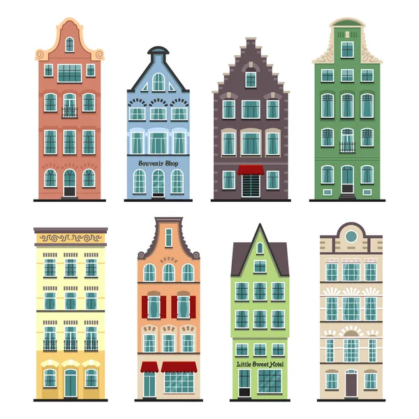 Set of 8 Amsterdam old houses cartoon facades - Stok Vektor