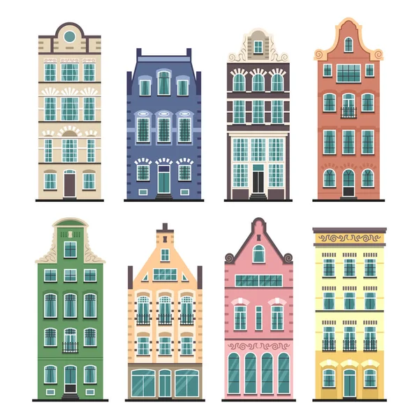 Set of 8 Amsterdam old houses cartoon facades - Stok Vektor