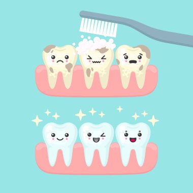 Diş temizleme ve diş fırçalama konsepti, sevimli renkli diş vektörü çizimi