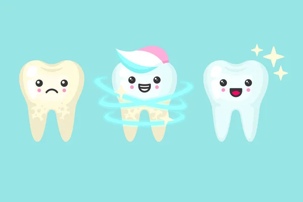 Diente blanqueamiento y limpieza concepto de estomatología, dientes coloridos lindo vector ilustración — Archivo Imágenes Vectoriales
