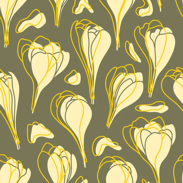 Yellow spring crocus flowers vector seamless pattern — Stock Vector