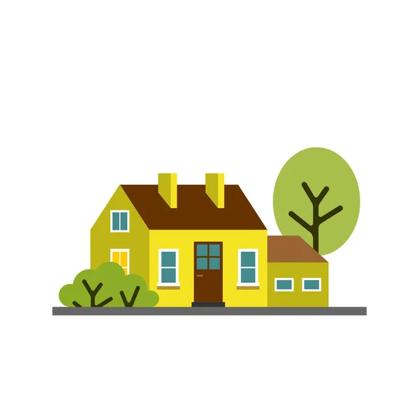 Small cartoon lemon yellow house with trees, isolated vector illustration — 스톡 벡터
