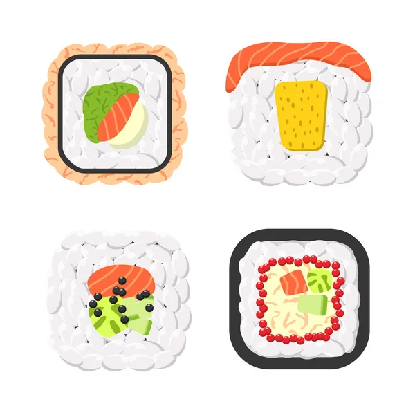 Delicioso color sushi rollos vector icono conjunto — Vector de stock